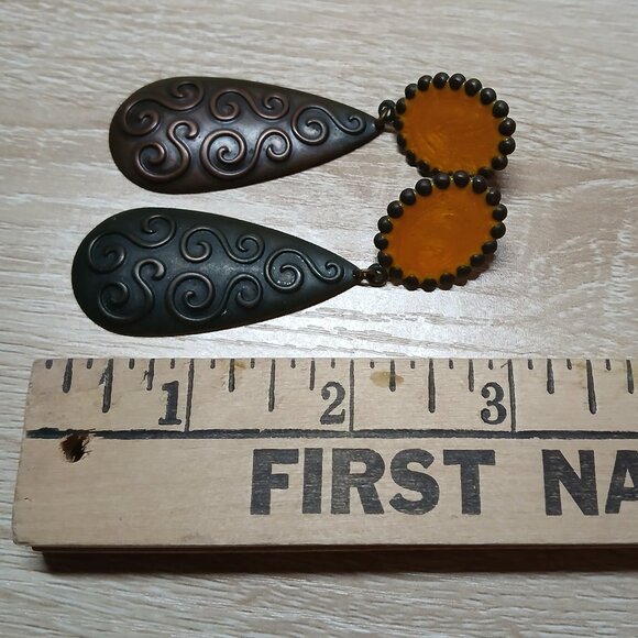 Long Teardrop Brass/Metal Two Tone Stud Earrings Vintage Costume Jewelry #96 - Picture 4 of 9